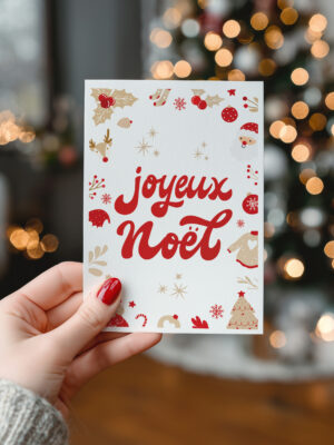 Carte de vœux Père Noël rouge et beige – illustration douce de Noël
