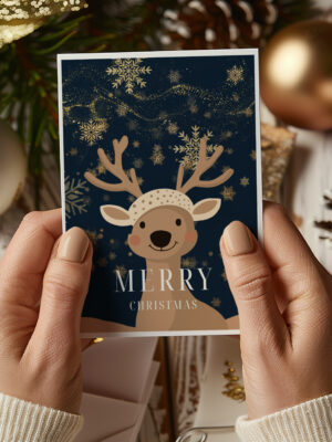 Illustration renne beige bleu – Carte de vœux Noël douce et hivernale Un petit renne beige et bleu, doux et chaleureux, parfait pour apporter une touche poétique à vos cartes de Noël. Illustration imprimée avec une qualité professionnelle. Idéale pour offrir, décorer ou accompagner un message personnalisé.