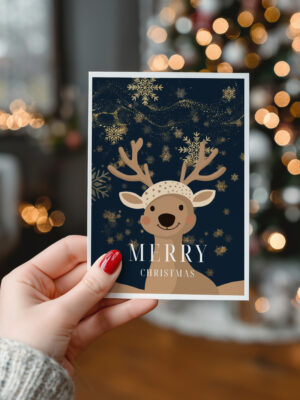 Illustration d’un petit renne beige et bleu, style doux et moderne, papeterie et cartes de Noël