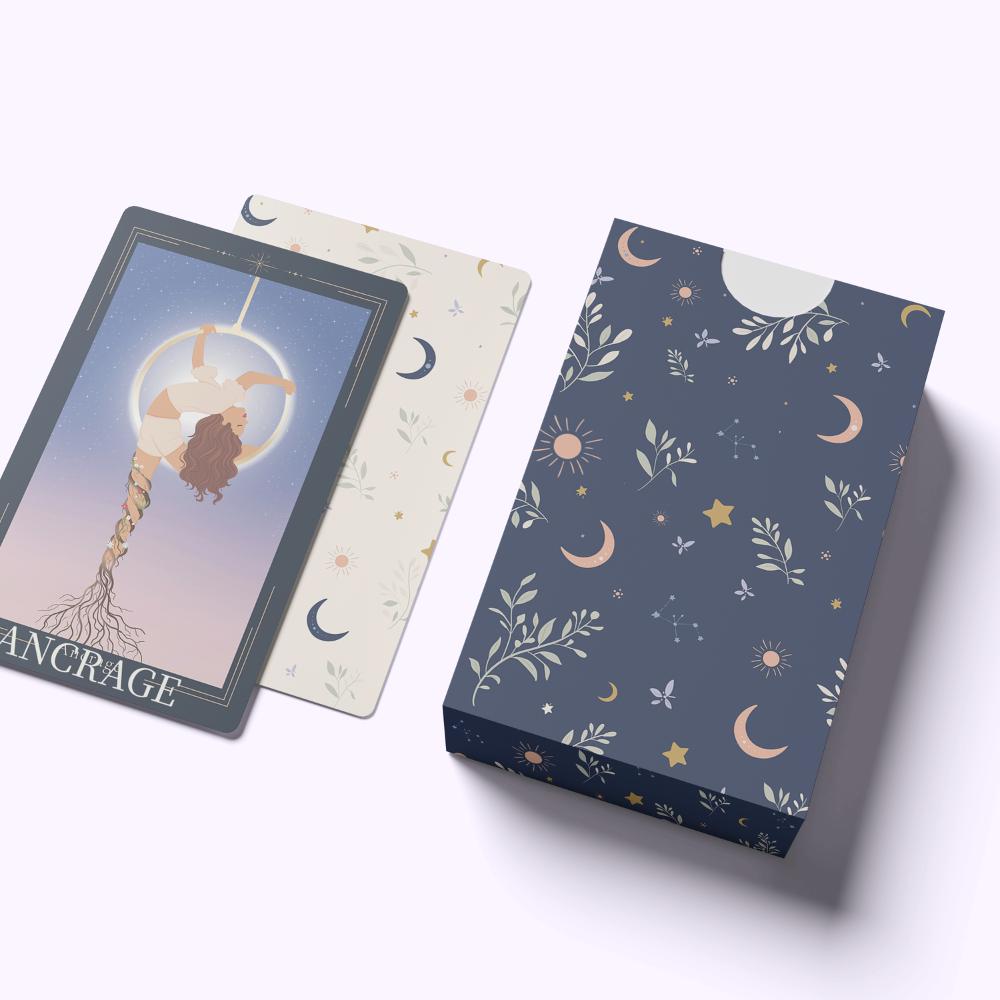 Design de packaging pour oracle avec motifs célestes et botaniques.