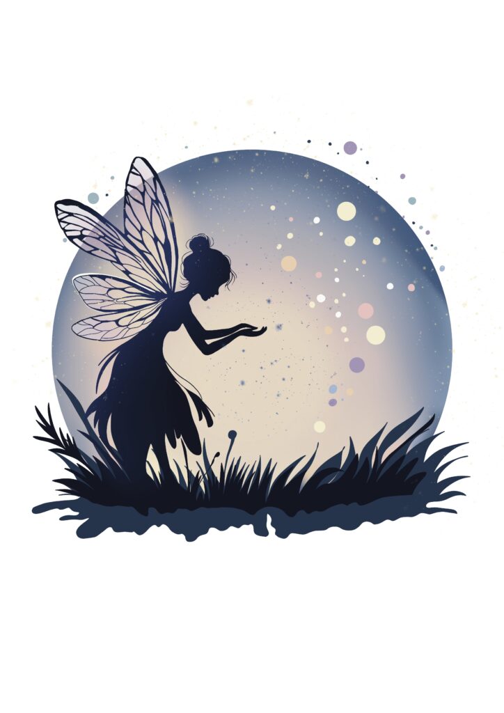Illustration onirique douce d'une fée sous la lune, style nature et poétique.
