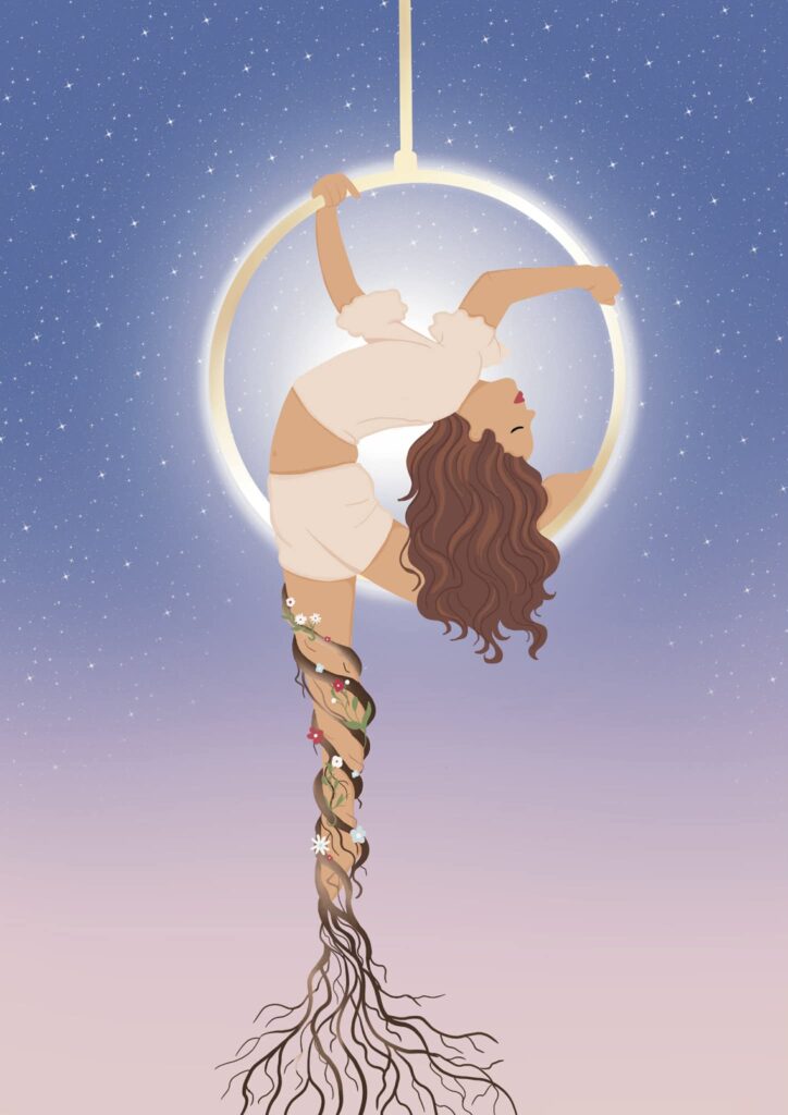 Illustration holistique d'une carte d'oracle femme qui s'ancre entre terre et ciel