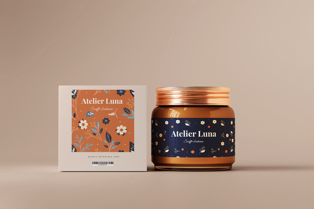 Mockup de bougie ambrée avec étiquette florale bleu nuit et doré, collection Midnight Bloom.