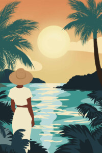 femme face a la mer soleil couchant