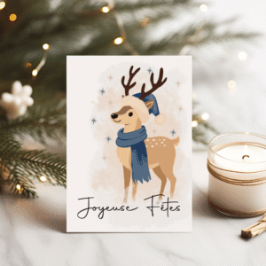 : carte de vœux Noël renne illustré – Joyeuses Fêtes – illustration douce